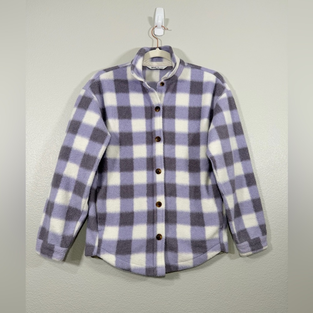 DSG Jacket Coat Lavender and White Checkered Fleece Button Up Cozy Warm Women M
